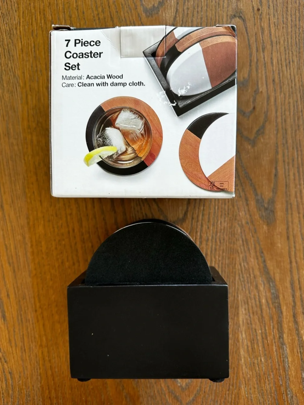 The Cellar 7-Piece Coaster and Holder Set Acacia Wood Black Coasters